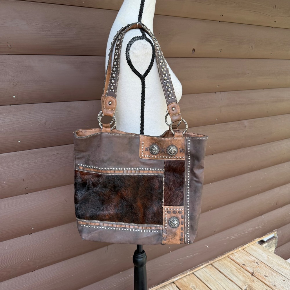 Trinity Ranch Tote Bag Women Brown Studded Cowhide Western Concho Shoulder Bag